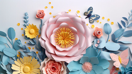 Artistic Paper Flowers and Butterflies Composition, Elegant Craftsmanship