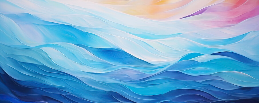 Oil Painting With Abstract Waves In Turquoise And Gold Color, Texture Of Colorful Banner Background