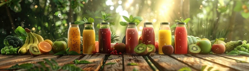 Energizing fruit and vegetable juices neatly bottled