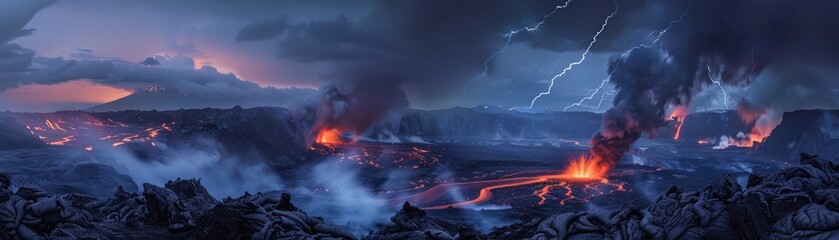 Eruption in full fury lava rivers - obrazy, fototapety, plakaty