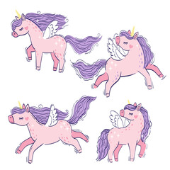 Vector set of cute little pink magical unicorns. Vector hand drawing illustration isolated on white background. Print for t-shirt for children © Nataliia