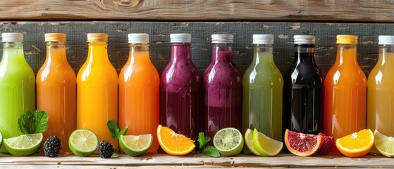 Freshly bottled health juices colorful array - obrazy, fototapety, plakaty