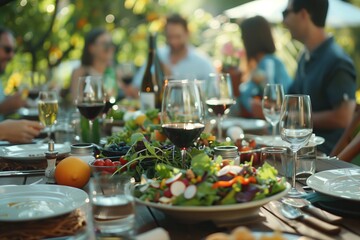A group sharing cuisine at a table with plate of food and wine glasses