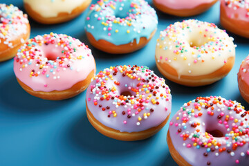 Assorted Colorful Donuts on Blue Background. An enticing array of frosted donuts adorned with colorful sprinkles, presented on a vivid blue background.