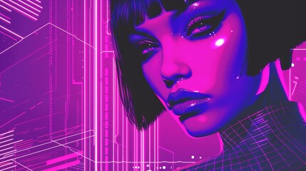 Young woman, cybernetic style , retro cyberpunk ,80s, art deco style, geometric