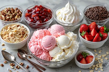 A delicious sundae with pink and white ice cream, surrounded by colorful sprinkles, chopped nuts, and maraschino cherries. - obrazy, fototapety, plakaty