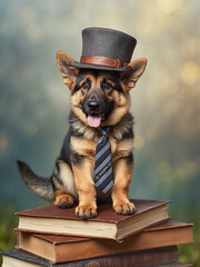 cute german shepherd puppy dog portrait standing on books, wearing a tie and hat