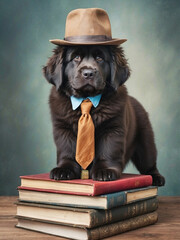 cute newfoundland dog portrait standing on books, wearing a tie and hat