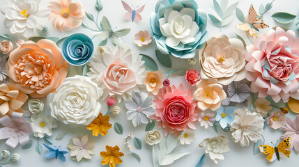 Artistic Paper Flowers and Leaves in Full Bloom Background