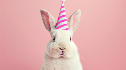 Party-Ready White Rabbit with Colorful Striped Birthday Hat