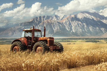 Harvest Time Vintage Tractor in a Golden Wheat Field with Majestic Mountain Backdrop - obrazy, fototapety, plakaty