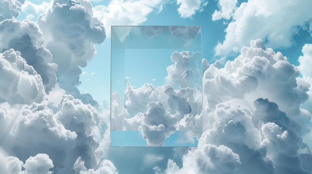 Surreal Cloudscape with Geometric Blue Frame in 3D Art Style