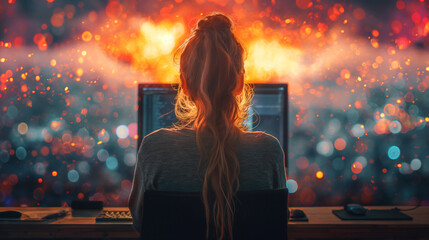 female journalist on a computer writing, sparks flying, back view, bright colors - obrazy, fototapety, plakaty