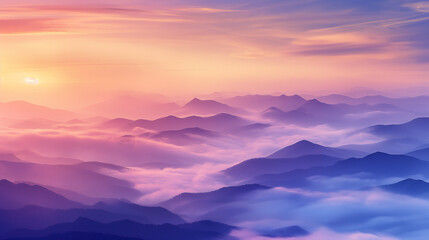 a minimalist landscape capturing the serene beauty of rolling mountains under a sunrise , light orange purple sky, contrasted with a dynamic