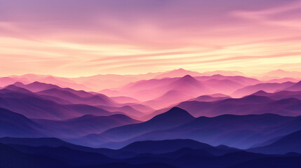 a minimalist landscape capturing the serene beauty of rolling mountains under a sunrise , light orange purple sky, contrasted with a dynamic - obrazy, fototapety, plakaty