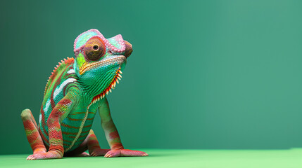 Chameleon posing on green color background. Generative ai.