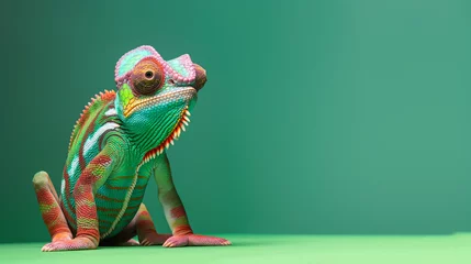 Poster Chameleon posing on green color background. Generative ai. © Sugarpalm