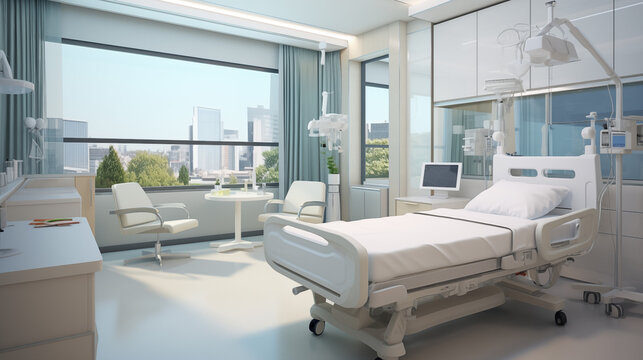 Clean, modern bedroom interior in a hospital setting with medical equipment and furniture