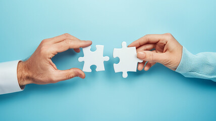 two hands of a business man and woman connecting white puzzle pieces on a blue background