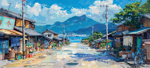 oil painting. water color painting.  Summer. Japan country side scenes.  - obrazy, fototapety, plakaty