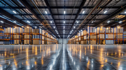 Fototapeta premium A large warehouse with many shelves and boxes. This space is very open and bright. with a lot of light shining on the ground The atmosphere is industrial and functional. Focusing on storage space