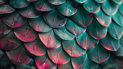 Extreme close up of fish scale texture in ruby and emerald tone