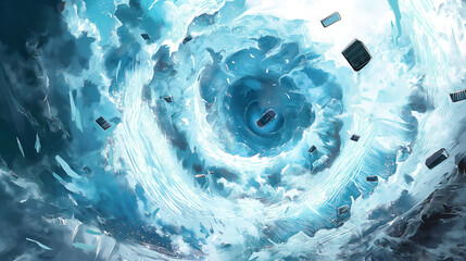 top-down view of the center of an ice hurricane. Blue fabric, cellphones, car and pacifiers blowing around