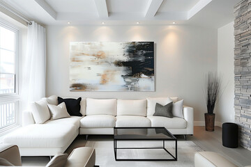 Modern living room, warm, cozy, natural materials, white, blue, and brown color scheme.