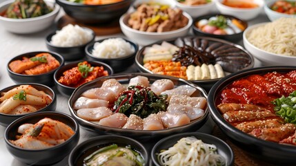 Obraz premium A delicious gourmet meal with red and white wine awaits on a restaurant table
