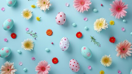 Easter pattern with colorful eggs and flowers on pastel blue background.