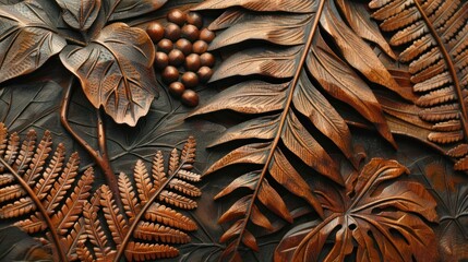 Abstract floral carving background with wooden texture, carved forest fern leaves, botanical hand made ornament, organic shapes, natural eco color palette, AI generated