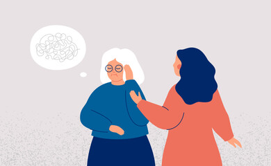 Supporting elderly people with dementia. Caregiver or family member helps to senior woman with neurological disorder.  Mental health vector illustration - 780635537