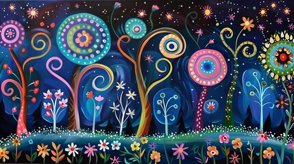 A whimsical and colorful painting of trees with flowers in the style of Scandinavian folk art.