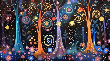 A whimsical and colorful painting of trees with flowers in the style of Scandinavian folk art. - obrazy, fototapety, plakaty