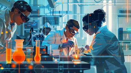 Craft an image depicting futuristic scientists collaborating in advanced research facilities