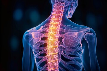 High-resolution digital medical illustration depicting the spine's anatomy with an illuminated, transparent effect on a blue background