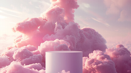 Surreal Pink Cloudscape with Empty Pedestal in Dreamlike Sky