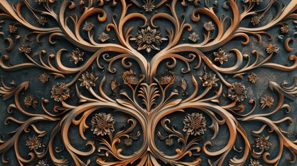 Abstract floral carving background with wooden texture, carved flowers and leaves, botanical hand made ornament, organic shapes, natural eco color palette, AI generated