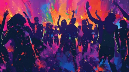Dynamic vector artwork depicting people dancing and celebrating at a vibrant party. - obrazy, fototapety, plakaty