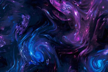 An abstract cosmic swirl of blue and purple hues with twinkling star-like specks, evoking the vastness of a galaxy. - obrazy, fototapety, plakaty