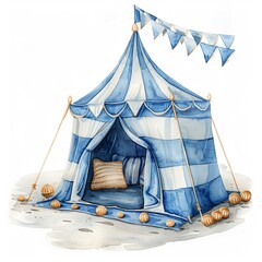 watercolor illustration of Beach tent, cut out along the perimeter on a white background ,3DCG,high resulution,clean sharp focus