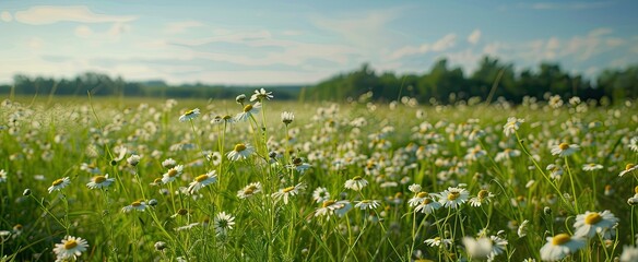 Fototapeta premium Panoramic floral background, web banner with chamomile flowers field, panoramic view on wildflowers spring meadow in sunrise, natural view, AI generated image