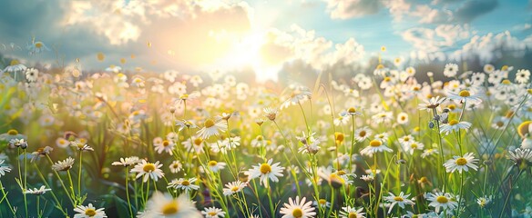 Panoramic floral background, web banner with chamomile flowers field, panoramic view on wildflowers spring meadow in sunrise, natural view, AI generated image
