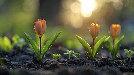 Witnessing the sprouting seeds under the rising sun evokes a sense of renewal and hope in the vibrant spring garden. - obrazy, fototapety, plakaty