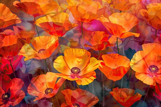 Hand painted floral background, web banner with bold vivid poppy flowers, spring and summer vibes, blooming poppy meadow in sunrise, natural view, AI generated image