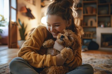 Woman shares comfort with fawncolored carnivore companion dog on floor - obrazy, fototapety, plakaty