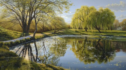 Fototapeta na wymiar Willow Trees and Reflecting Ponds, The Serenity of Spring Scapes.
