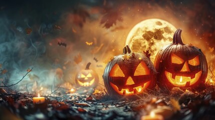 Amidst eerie shadows, pumpkins fused with full moons on a surreal Halloween night, conjuring a dreamlike atmosphere. - obrazy, fototapety, plakaty