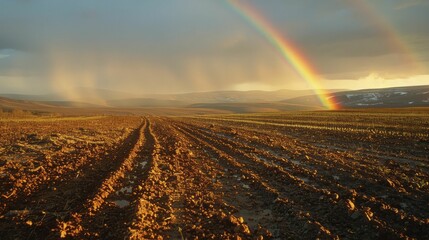 Fototapeta premium The vibrant hues of rainbows dance above freshly plowed fields, heralding the promise of abundant spring growth.