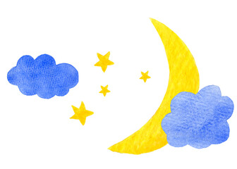 Night sky with stars and moon objects isolated clipart collection. Hand drawn in watercolor style clouds moon and stars - 780636586